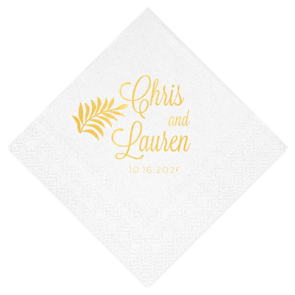 Infuse tropical elegance into your wedding with the Palm Branch Wedding Napkin, where a single palm frond adds a touch of paradise. The couple's names, scripted in flowing flourishes, and the date below offer a serene backdrop to your blissful celebration.