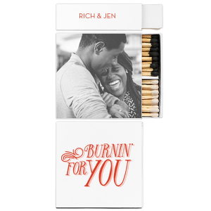 ForYourParty's chic White Classic Custom Photo Matchbox with Matte Blush Ink Digital Print Colors and Matte Poppy Ink Digital Print Colors has a Burning For You graphic and a Burning For You graphic and is good for use in Words, Calligraphy, Wedding themed parties and will make your guests swoon. Personalize your party's theme today.