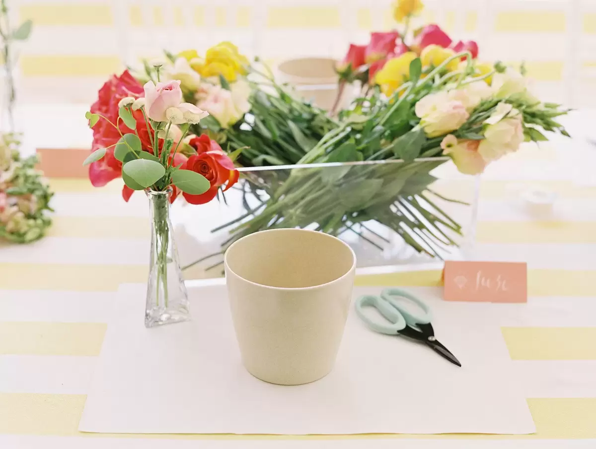 DIY flower arrangement station at bridesmaid brunch 