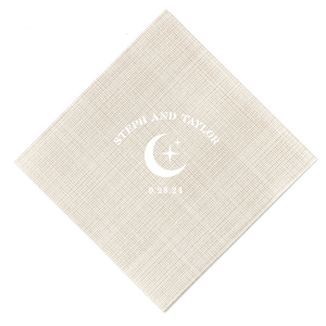 Unite under the stars with the Celestial Love Date Napkin, where the couple's names form an arch over a serene star and moon graphic, complemented by the wedding date in a clean, minimal style. A heavenly detail for your special day.