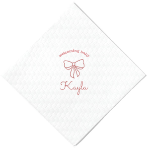 Celebrate your bundle of joy with the Baby Shower Bows Welcome Napkin, elegantly announcing 'Welcoming Baby' above a chic, minimal bow graphic. Personalize with your new arrival's name for a trendy touch at your baby shower or welcome home event.