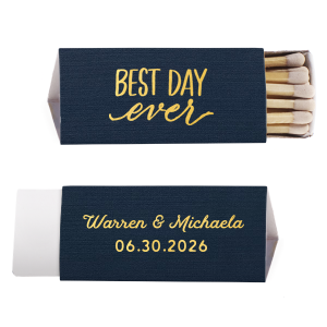 Embrace jubilation with the Traditional Script Names Best Day Ever Wedding Match design, featuring a vivacious "Best Day Ever" declaration on the front. The reverse side elegantly presents the couple's names in traditional script, crowned by the wedding date, blending excitement with classic charm.