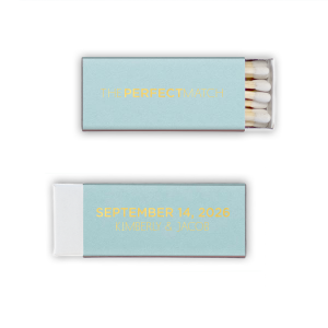The Bold Perfect Match Name & Date Wedding Match design strikingly highlights the word "Perfect" and the wedding date in emphasized text, contrasting with the elegantly presented names. This play on text emphasis creates a stylish, memorable, and eye-catching matchbox. 