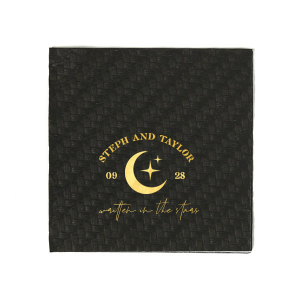 Set a celestial stage for your nuptials with the Celestial Matrimony Napkin, displaying the couple's names arched above a moon and stars, framed by the wedding date, and finished with the romantic phrase "Written in the Stars." A heavenly touch for your star-crossed celebration.