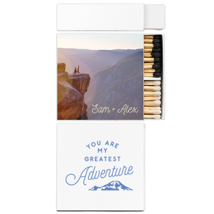 Custom White Classic Custom Photo Matchbox with Matte Ivory Ink Digital Print Colors and Matte Stone Blue Ink Digital Print Colors has a Greatest Adventure graphic and is good for use in Wedding, Travel, Words themed parties and will look fabulous with your unique touch. Your guests will agree!