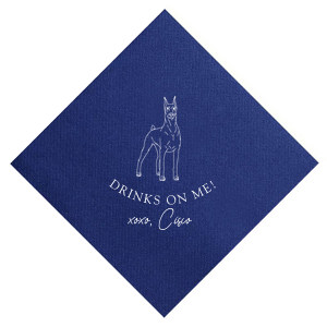 Honor your cherished four-legged family member with the Drinks On Me Dobermann Napkin. This design showcases a majestic Dobermann Pinscher. The playful phrase "Drinks on Me!" coupled with a tender "xoxo" and the dog’s personalized name, reflects the special place this furry friend holds in the family. 