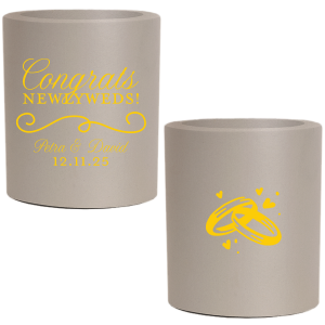 The ever-popular Royal Blue Flat Can Cooler with Gold Ink Cup Ink Colors has a Fancy Flourish 2 graphic and a Wedding Rings graphic and is good for use in Wedding, Anniversary, Love themed parties and can't be beat. Showcase your style in every detail of your party's theme!
