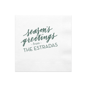Personalized White Ink Printed Cocktail Napkin with Matte Spruce Ink Digital Print Colors has a Season's Greetings graphic and is good for use in  Holiday and Christmas themed parties and will give your party the personalized touch every host desires.