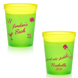 Add a splash of fun to the festivities with the Sassy Spirits Bachelorette Cup, personalized with the bride-to-be's name in script, and adorned with playful symbols like "XOXO," a martini glass, and a smiley face. The flip side's "Just add alcohol" mantra and hand line drawing, customizable with your party's location and date, promise a night of merriment and memories.