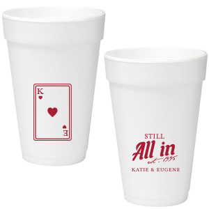 Celebrate lasting love with the Playing Card Still All In Anniversary Cup. One side adorns a hearts playing card graphic, personalized with your initials. The other side is inscribed with "Still All In," alongside the celebratory year and the couple's names, symbolizing a winning hand in marriage.