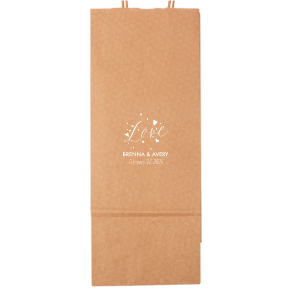 Let affection take flight with the Love and Hearts Bag, where 'Love' is joyfully scripted, surrounded by a flutter of hearts. Below, the couple’s names and date ground this exuberant design, making every gift a testament to their love's vitality.