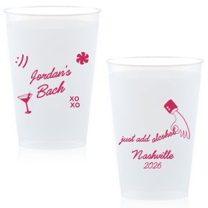 Add a splash of fun to the festivities with the Sassy Spirits Bachelorette Cup, personalized with the bride-to-be's name in script, and adorned with playful symbols like "XOXO," a martini glass, and a smiley face. The flip side's "Just add alcohol" mantra and hand line drawing, customizable with your party's location and date, promise a night of merriment and memories.