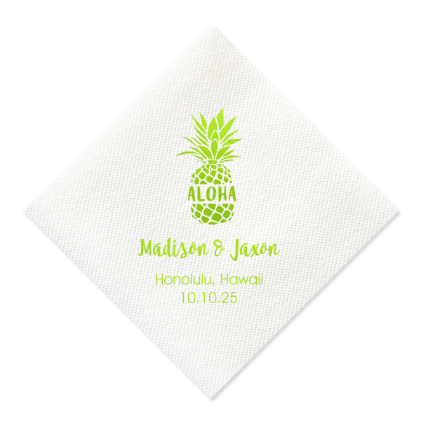 Savor the essence of island life with the Aloha Pineapple Napkin. A cheerful pineapple stamped with 'Aloha' sets a laid-back, tropical scene, while the couple's names and date below promise a future as bright as Hawaiian sunshine