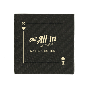 Deal a hand of love with the Hearts Playing Card Still All In Anniversary Napkin, featuring a beautifully framed hearts playing card customizable with your initials. The bold statement "Still All In" is highlighted in the center, with the year of union in a delicate script below, and space to add the couple's names. A classic and heartfelt addition to your anniversary celebration.