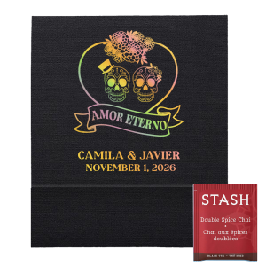 Complete your event with the Amor Eterno Favor. Perfect for weddings, engagements or anniversaries, the floral skull designs in holographic gold foil adds a macabre elegance to your events.