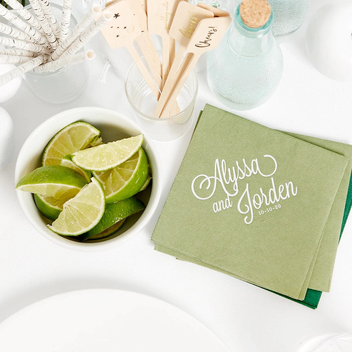 Shop the Naturally Cozy Collection Custom Linen Like Cocktail Napkins and Stir Sticks