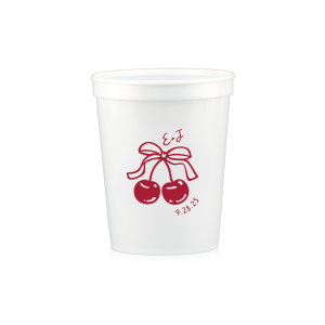 Raise a glass at your next special event with the Cherry Bow Initials Cup! The two cherries are tied together by a bow, reflecting the partnership of you and your sweetheart. Customize the text to make it extra special at your next momentous occasion, be it an engagement, wedding, anniversary or any other celebration of love.