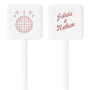 The Disco Duo Stir Stick brings a splash of retro fun to your celebration with a dazzling disco ball graphic on one side, perfect for setting the mood for a night of dancing and joy. On the other side, your names are inscribed in a font that boasts classic lines with a touch of modern sophistication, capturing the elegance of bygone eras while remaining contemporary. This personalized stir stick is ideal for adding a touch of nostalgia and personal flair to your party atmosphere.