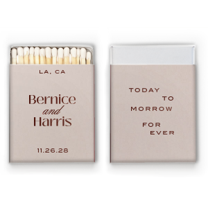 Show how everlasting your love is with the Today, Tomorrow, Forever Matchbox. Customize the matchbox with you and your sweetheart's names to create a bespoke design that exemplifies your commitment to one another. Featured in our Burgundy Wedding theme, match your special occasion with any number of stylish products to create a cohesive vision. 