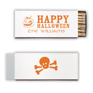 Illuminate your spooky festivities with the Halloween Jack-O-Lantern Matchbook, casting a 'Happy Halloween' glow beside a grinning pumpkin. Add your family name for a personalized flicker that adds a spirited spark to your autumnal revelry.