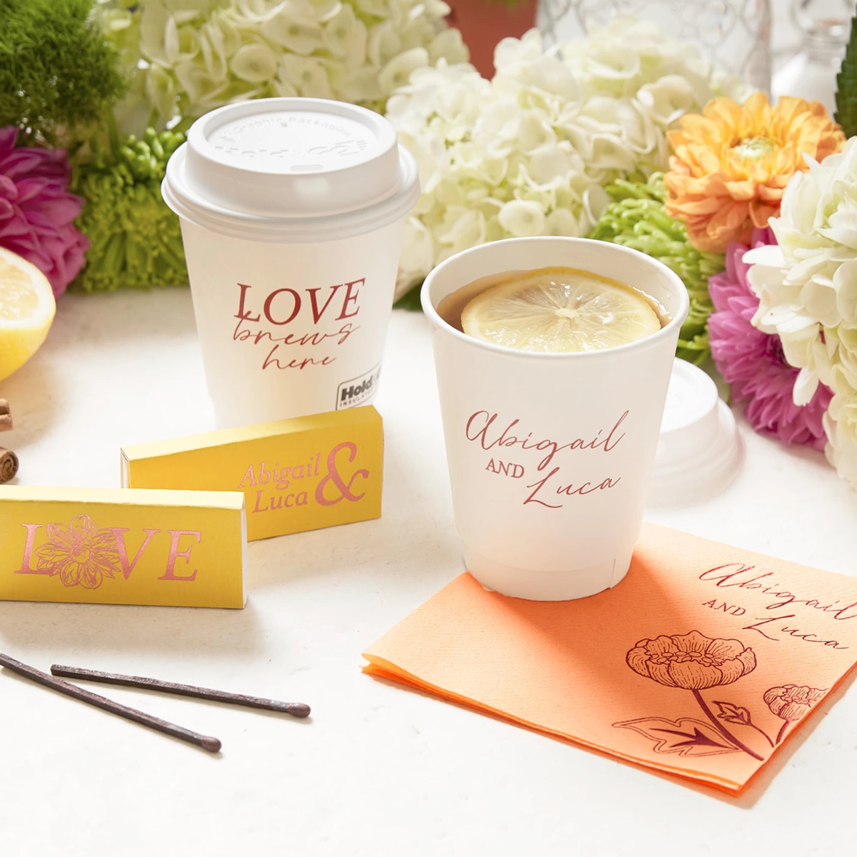 Shop the Autumnal Bloom Collection Custom Hot Cups, Line Like Cocktail Napkins, and Cigar Matchboxes