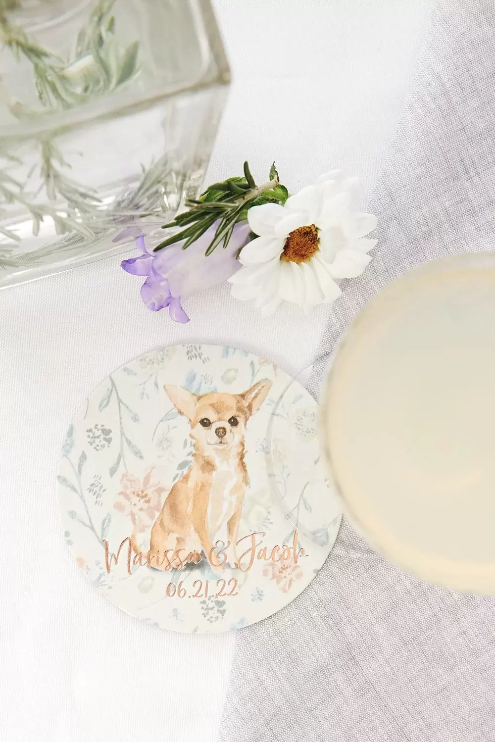 Create full-color custom coasters of your dog for your wedding bar