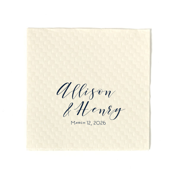Relax into the joy of the occasion with the Playful Script Names Napkin. The couple's names are charmingly presented in a playful, casual script, capturing an artistic vibe. Below, the event date in smaller block letters adds a neat touch, making this design effortlessly stylish and perfectly approachable.