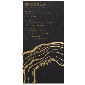 The Geode Program will be a welcome element at your wedding! It will tell your guests what to expect at your event, and can be fully customized featuring a geode graphic. 