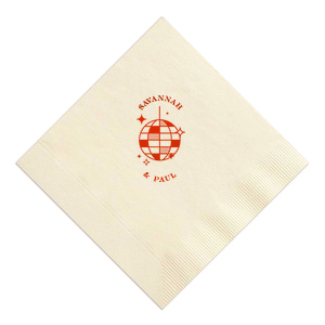Dance under the stars with ForYourParty.com's 'Retro Wedding Disco Ball Napkin,' foil-printed with a chic disco ball and twinkling stars. Add a touch of vintage glamour to your special day with space for the couple's names, ensuring every detail of your retro wedding shines as bright as your love.