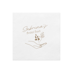 Our custom White Linen Like Petite Napkin with Shiny Champagne Foil has a Floating Floral Hand graphic and is good for use in Floral, Trendy themed parties and will look fabulous with your unique touch. Your guests will agree!