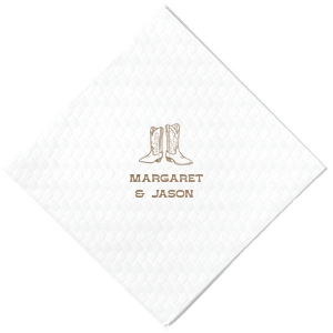 Step into matrimonial bliss with the Cowboy Boots Union Napkin, personalized with the couple's names beneath a charming graphic of a pair of cowboy boots. A perfect touch for a wedding with rustic charm or country flair.