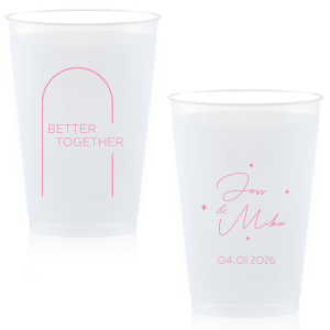 ForYourParty's chic Matte Pastel Pink Ink 16 oz Frost Flex Cup with Matte Pastel Pink Ink Cup Ink Colors has a Broken Arch graphic and a Sparkles 4 graphic and is good for use in Wedding themed parties and will give your party the personalized touch every host desires.