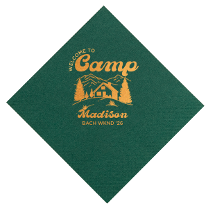 Discover the getaway you're looking for with the Welcome to Camp Bachelorette Napkin. The scenic design is ideal for destination bachelorette events but is suitable for any outdoorsy occasion. Printed on high quality napkins with your choice of color and style, these are sure to make your celebratory party all the more memorable!