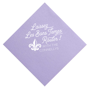 Our custom Amethyst Cocktail Napkin with Shiny 18 Kt Gold Foil has a Fleur de Lis graphic and is good for use in Accents, Wedding themed parties and can be personalized to match your party's exact theme and tempo.