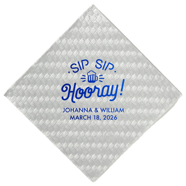 Raise the Sip Sip Hooray Napkin and let the good times pour! A jubilant mug with effervescent rays captures the celebratory cheer, perfectly paired with the couple's names and event date for a toast to remember.