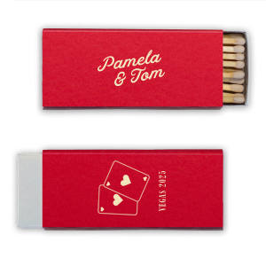 Channeling the iconic glitz of 1950s Las Vegas, the Vegas Baby Cards Matchbox ignites a nostalgic spark with its retro font and playful card illustration. Perfect for a destination wedding, it's a match made in vintage heaven, inviting guests to bet on love and luck in Sin City style.