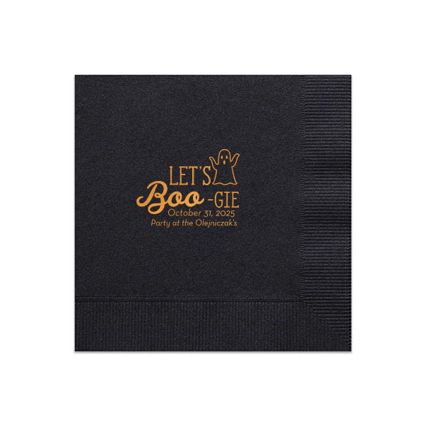Our personalized Black Cocktail Napkin with Shiny Copper Foil has a Ghost graphic and is good for use in Halloween themed parties and can be personalized to match your party's exact theme and tempo.