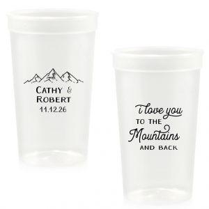 The Peak Romance Cup artfully marries whimsy with nature. It features “I love you to the Mountains and Back” in playful, peak-like script on one side, and a trio of snow-capped mountains with the couple’s names and date on the other, perfect for mountain-themed weddings.