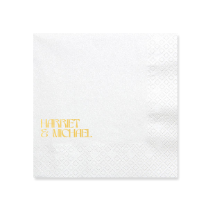 Celebrate your special day with the Marital Elegance Napkin, featuring the couple's names in a sophisticated and art deco inspired type that exudes modern elegance. A stylish and personal addition to your wedding reception.