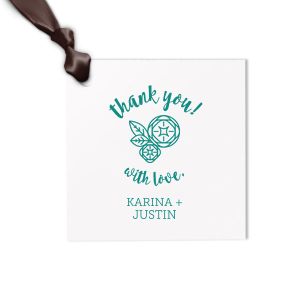 Thank guests for attending your wedding with a small favor tied with a themed gift tag. Personalize our Peony design with your names and date. Keep our Mint paper and Plum foil or choose your own theme colors. 