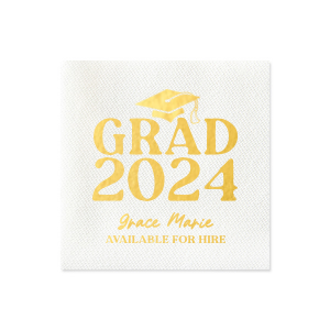 Honor the graduate's milestone with the Grad Cap Elegance Year Napkin, featuring a dignified graduation cap, the year of triumph in bold text, and the graduate's name in an elegant script. A classy and memorable addition to any graduation party tablescape.