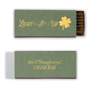 ForYourParty's personalized Stardream Navy Cigar Matchbox with Shiny 18 Kt Gold Foil has a Four Leaf Clover graphic and is good for use in Holiday, St. Patricks Day themed parties and couldn't be more perfect. It's time to show off your impeccable taste.