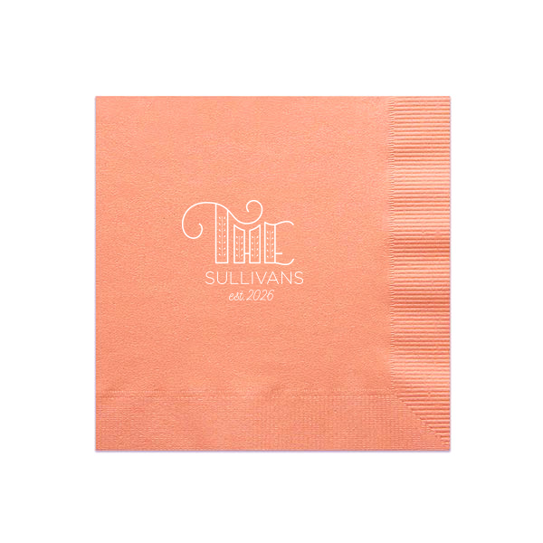 Unveil your family's roots with the Family Name Napkin, where 'The' flourishes with leafy growth, setting the stage for your surname and foundation date. It's a creative toast to heritage, perfect for celebrating your family's story.