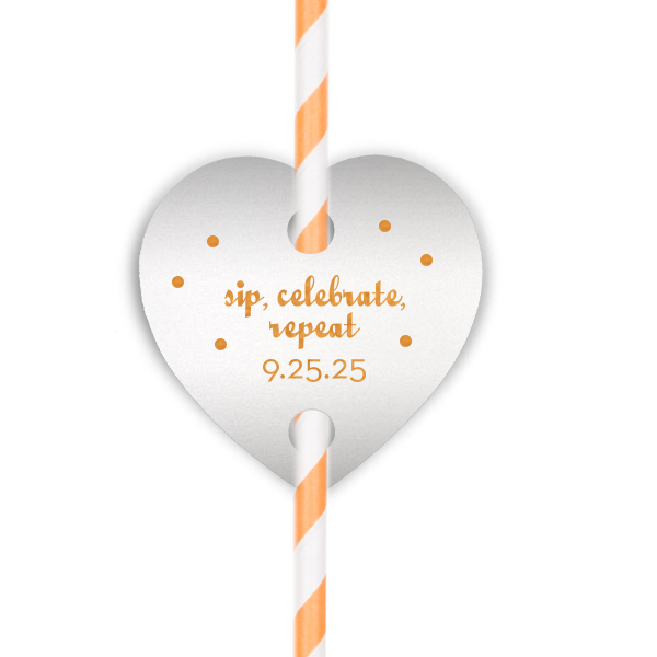 Dress up drinks with your theme! Add this personalized straw tag in Stardream Crystal White with Copper foil and polka dots for a fun bar addition. Our trendy Sip, Celebrate, Repeat design will be a hit.