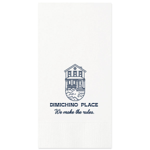 Lay down the law of the land at your housewarming with the Home Rule Maker Napkin, featuring "We make the rules" beneath a minimalistic modern house graphic, with your chosen name or street in a crisp, modern block font. A statement piece for your new home's debut.