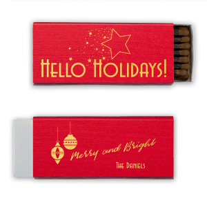 Our beautiful custom Linen Convertible Red Cigar Matchbox with Shiny 18 Kt Gold Foil has a Shooting Stars graphic and a Ornament graphic and is good for use in Christmas themed parties and are a must-have for your next event—whatever the celebration!