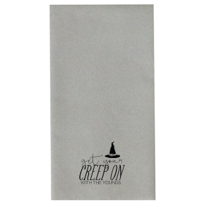 Our personalized Black Linen Like Cocktail Napkin with Matte White Foil has a Witch's Hat graphic and is good for use in Halloween themed parties and will impress guests like no other. Make this party unforgettable.