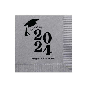 Commemorate the culmination of hard work with the Bold Year Graduate Cap Napkin, personalized with the graduate's name and the year set in a bold font, alongside a distinguished graduation cap graphic. A proud addition to any graduation party's decor.