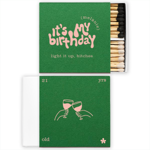 Cheers with this funky matchbook design! Featuring a minimalist drawing of two cups cheersing, this custom matchbox can be customized with your age and name. 
