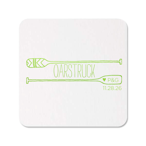 Our beautiful custom Eggshell Square Coaster with Shiny Kiwi / Lime Foil has a Oar Frame graphic and is good for use in Adventure, Outdoor Wedding themed parties and will look fabulous with your unique touch. Your guests will agree!